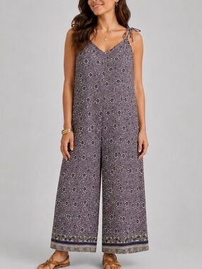 Bazaar Handmade Apparel 100% Silk Boho Wide Leg  Jumpsuit 6/8 M  Purple Floral
